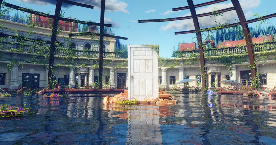 A lone white wooden door stands in the flooded courtyard of an ivy-covered old building, the water reflecting the sky and rusted iron beams