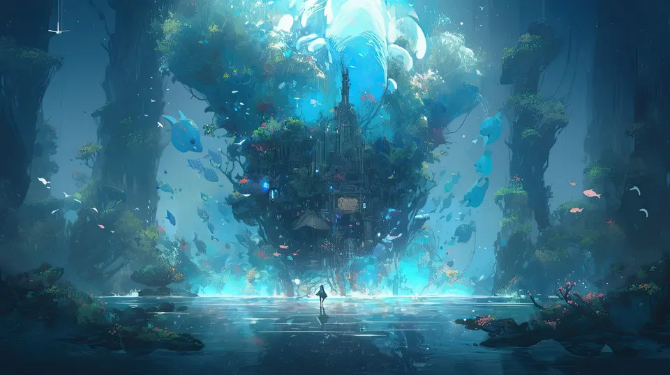 A gigantic ancient tree glows blue with a small tower inside its canopy, while a lone figure stands on still water in front, among moss-covered stone columns
