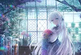 A silver-haired girl holding a bouquet of colorful flowers inside a greenhouse full of plants, pale blue light streaming through the windows