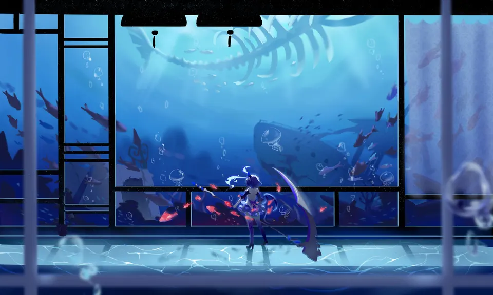 A small figure holding a scythe stands before a huge aquarium window, with a giant fish skeleton, a sunken ship and red fish drifting in deep blue water beyond
