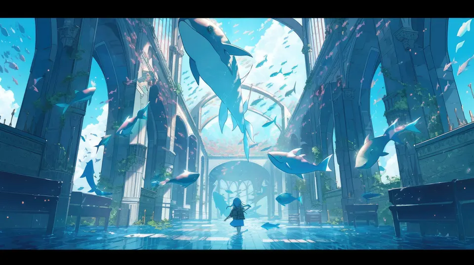 A girl stands in a flooded ruined hall with vine-covered stone arches on both sides, while whales and large fish float through the air under a blue sky