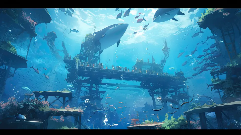 An old iron platform stands on the sea floor with many tiny figures on its deck, surrounded by whales, schools of small fish, coral and sunlight falling from the surface