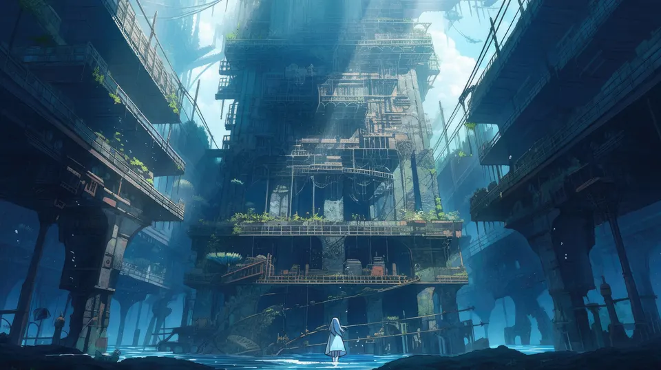 A girl in white stands at the foot of a tall abandoned multi-storey iron tower, its balconies overgrown with plants and sunlight slanting down from a gap high above